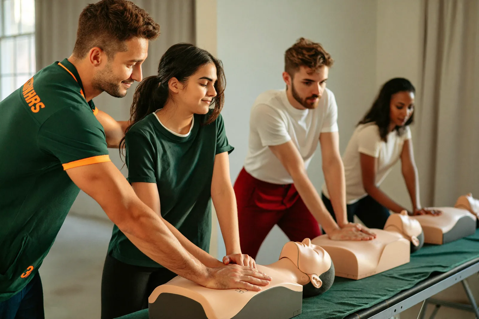 A mixed group of CPR students kneeling over training manikins performing chest compressions while an instructor guides hand placement