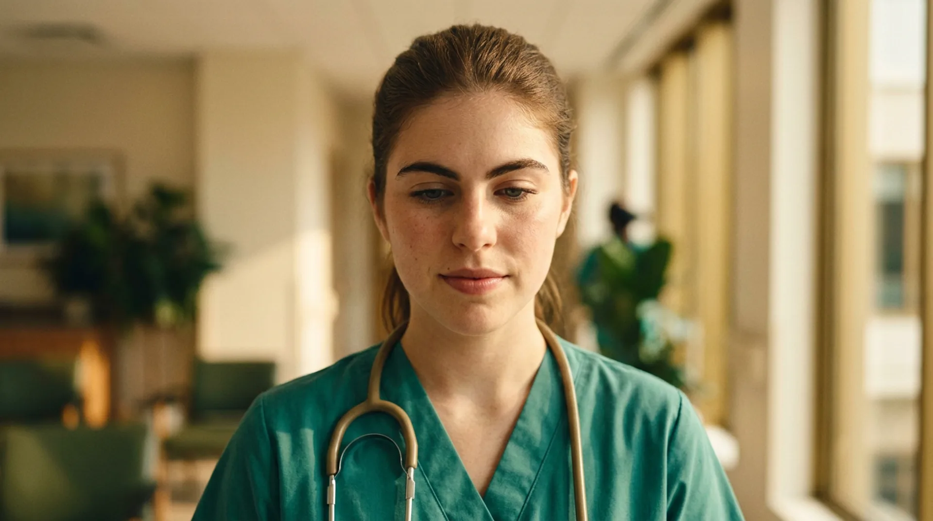 A young white female nurse in scrubs with a stethoscope around her neck, lifting her head with quiet confidence in a warmly lit training room