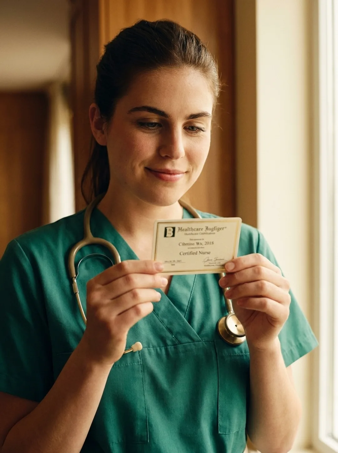A nurse holding her newly earned certification card with quiet pride