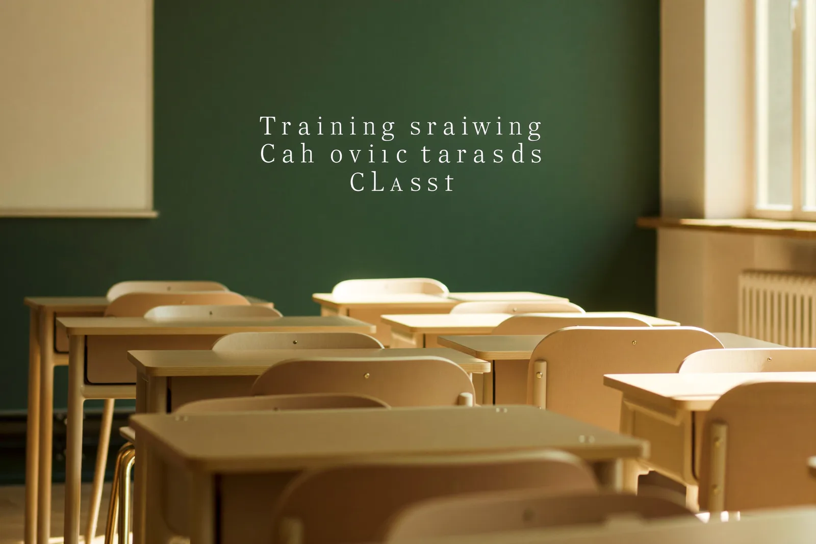 A bright, orderly training classroom with rows of desks and a deep green accent wall