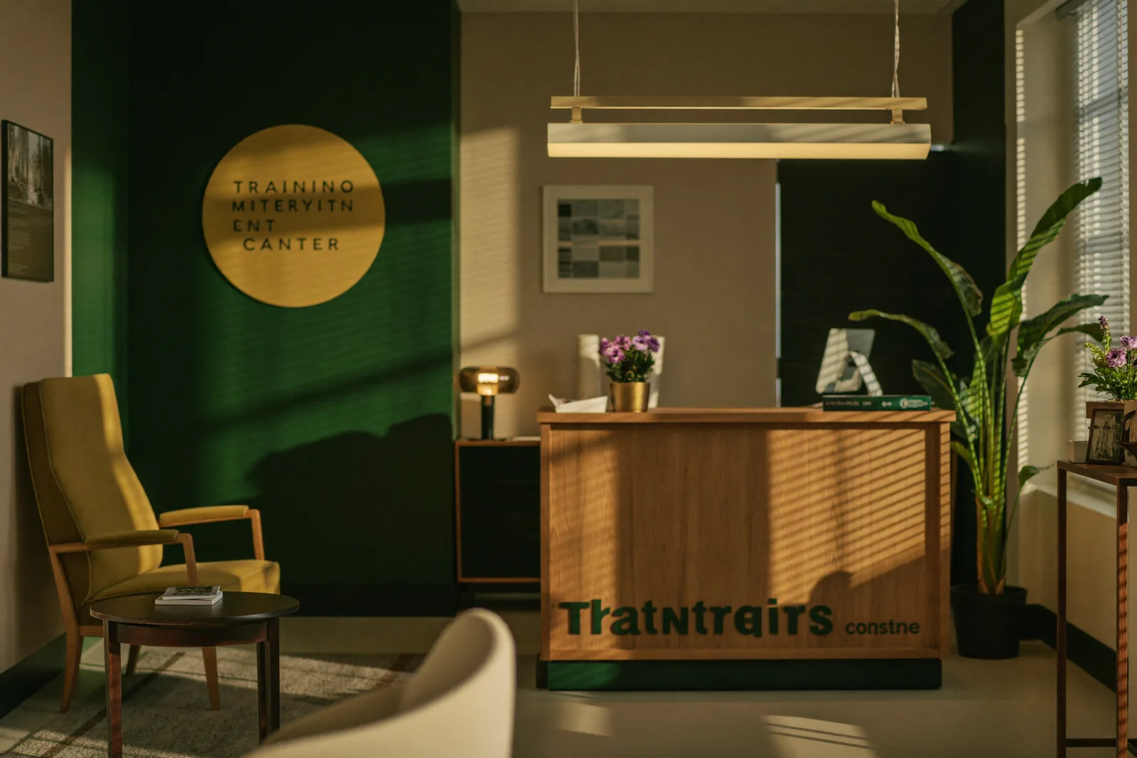 A warm front office with a wooden reception desk, plants, and morning light through blinds